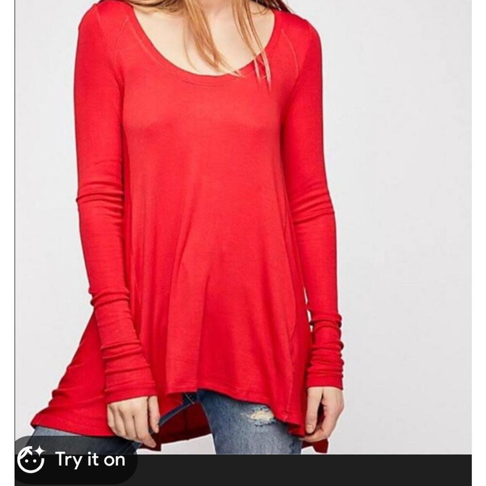 FREE PEOPLE red long sleeve scoop neck tunic top sz L